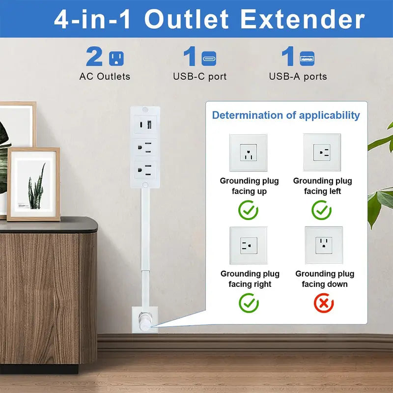 Electrical Outlet Extender, Access Hard-to- Reach Outlets! Features USB-A, USB-C, and 2 AC Outlets, 180° Rotating Power Socket Extender, Extendable 17"-27" - Use Behind Couches, Nightstands, Desks