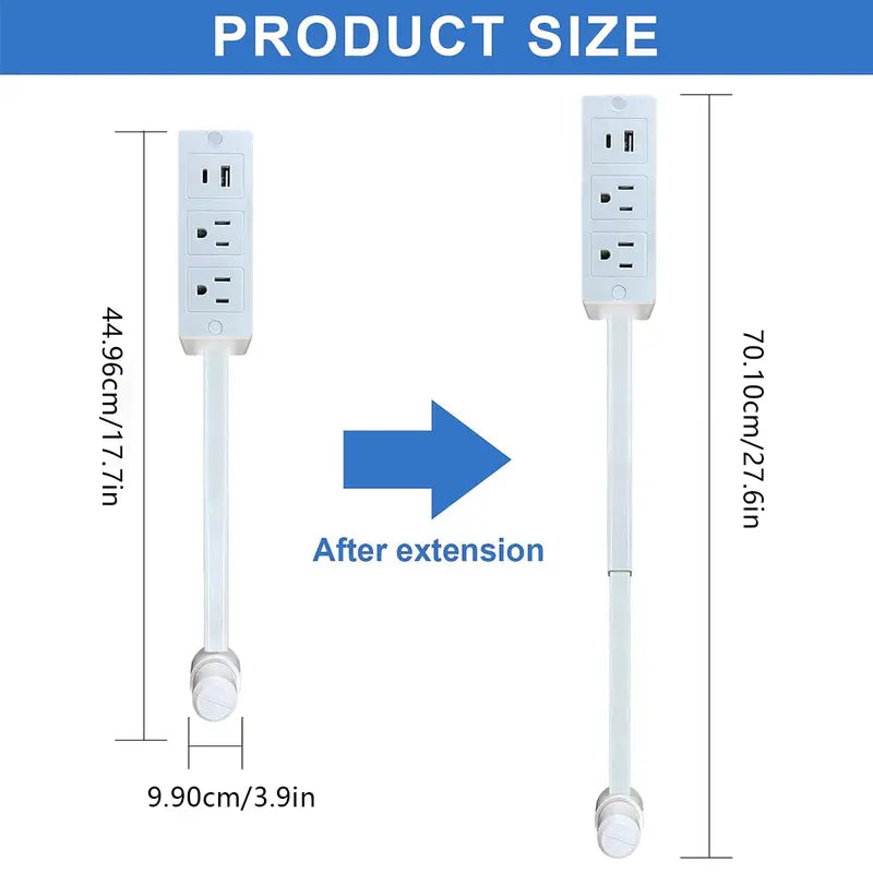 Electrical Outlet Extender, Access Hard-to- Reach Outlets! Features USB-A, USB-C, and 2 AC Outlets, 180° Rotating Power Socket Extender, Extendable 17"-27" - Use Behind Couches, Nightstands, Desks