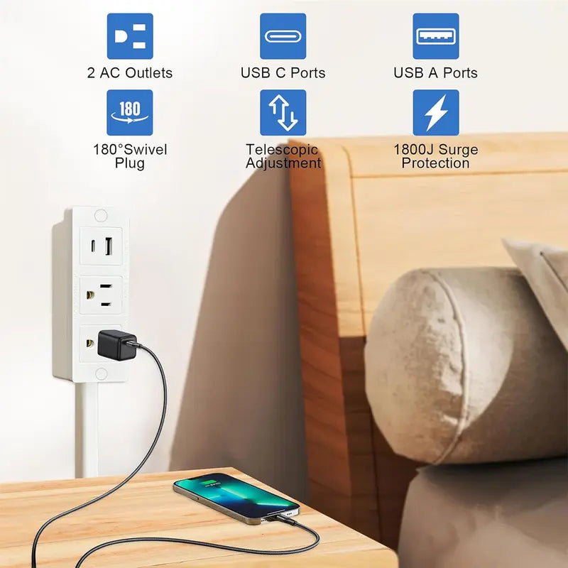 Electrical Outlet Extender, Access Hard-to- Reach Outlets! Features USB-A, USB-C, and 2 AC Outlets, 180° Rotating Power Socket Extender, Extendable 17"-27" - Use Behind Couches, Nightstands, Desks