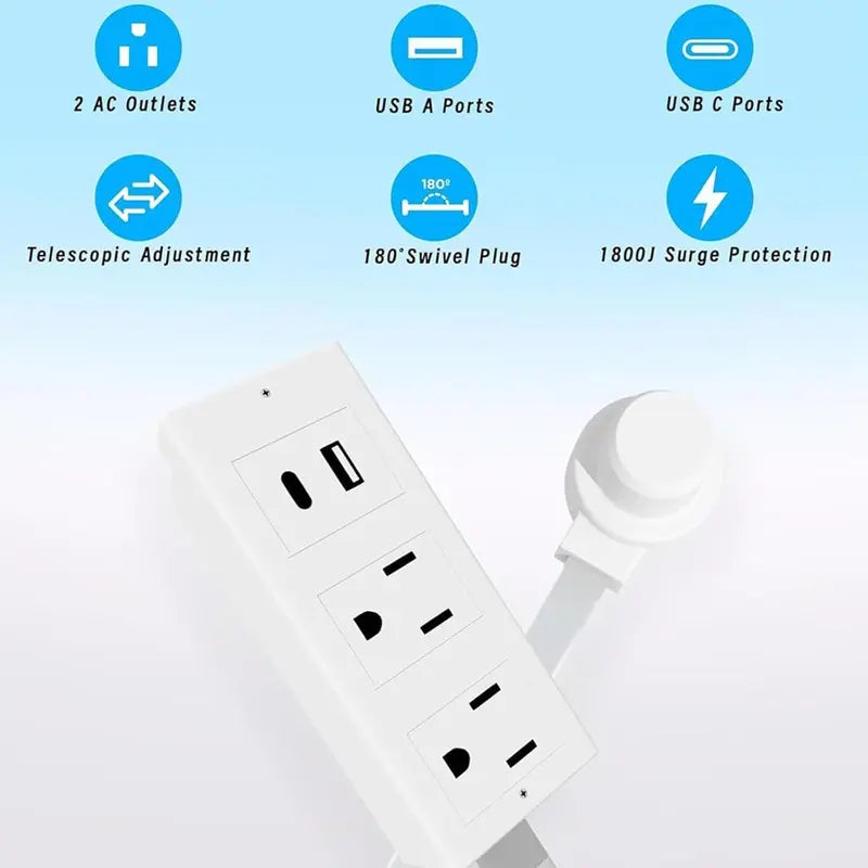Electrical Outlet Extender, Access Hard-to- Reach Outlets! Features USB-A, USB-C, and 2 AC Outlets, 180° Rotating Power Socket Extender, Extendable 17"-27" - Use Behind Couches, Nightstands, Desks
