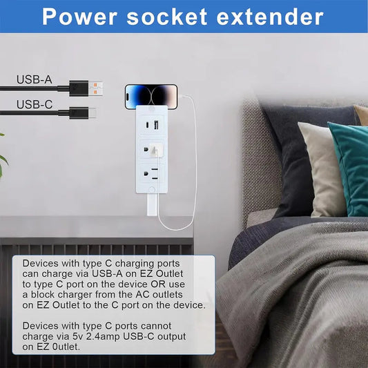 Electrical Outlet Extender, Access Hard-to- Reach Outlets! Features USB-A, USB-C, and 2 AC Outlets, 180° Rotating Power Socket Extender, Extendable 17"-27" - Use Behind Couches, Nightstands, Desks